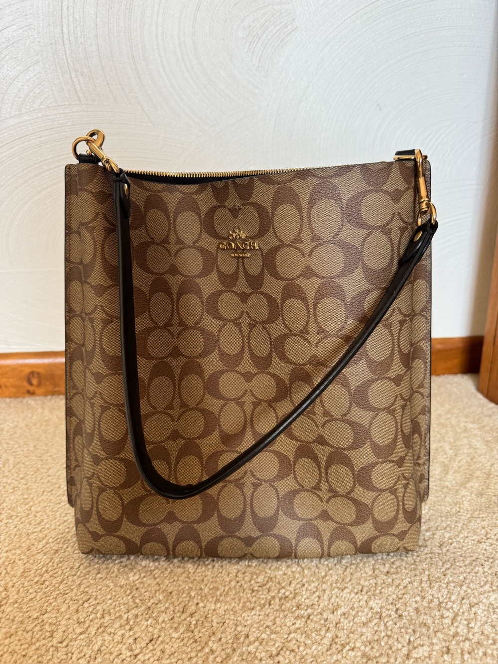 Coach Brown Signature Canvas Shoulder Bag with Black Strap